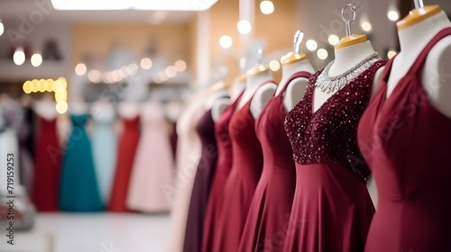 Elegant formal dresses for sale in luxury modern shop boutique. Prom gown, wedding, evening, bridesmaid dresses dress details. Dress rental for various occasions and events. photo