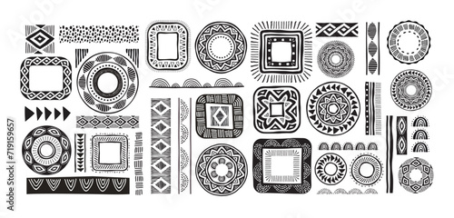 African pattern elements, symbols, icons. Black and white tribal, Aztec, African, Indian hand drawn lines, elements, circles. Concept illustrations collection