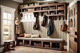 A rustic mudroom with built-in storage cubbies, a vintage bench, and a salvaged wood coat rack, combining practicality and style for organizing outdoor essentials.