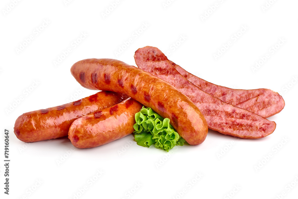 Grilled bratwurst Pork Sausages, close-up, isolated on white background. Grilled bratwurst Pork Sausages, close-up, isolated on white background.