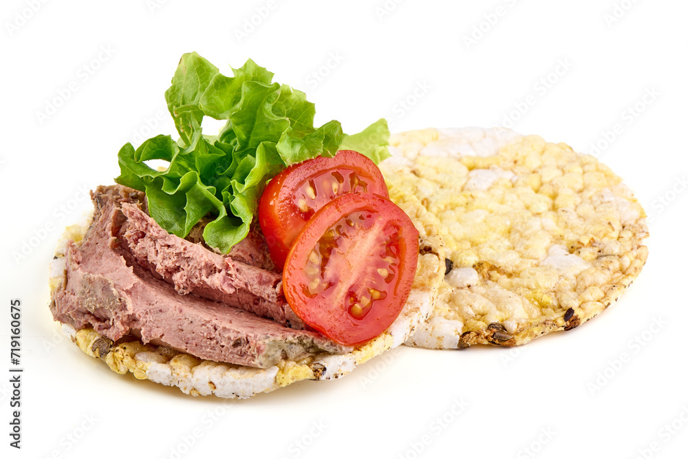 Liver pate sandwich, close-up, isolated on white background.