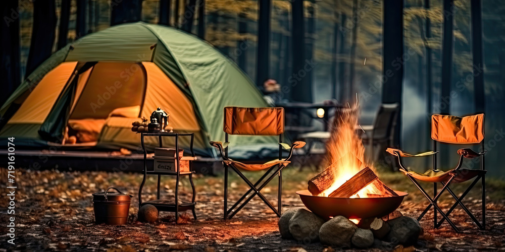 camp fire in the forest, bonfire with burning firewood near chairs and camping tent in forest