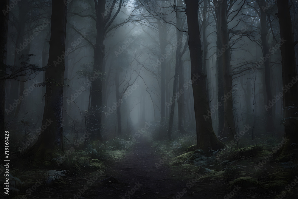 Mysterious forest with a moonlit path fog and a Halloween backdrop hint, Dark, Horror, Unsettling, Eerie