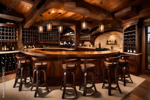 A rustic wine bar with a curved wooden bar counter, hanging wine glass racks, and wine barrel stools, creating an intimate and convivial space for wine enthusiasts to gather and unwind.