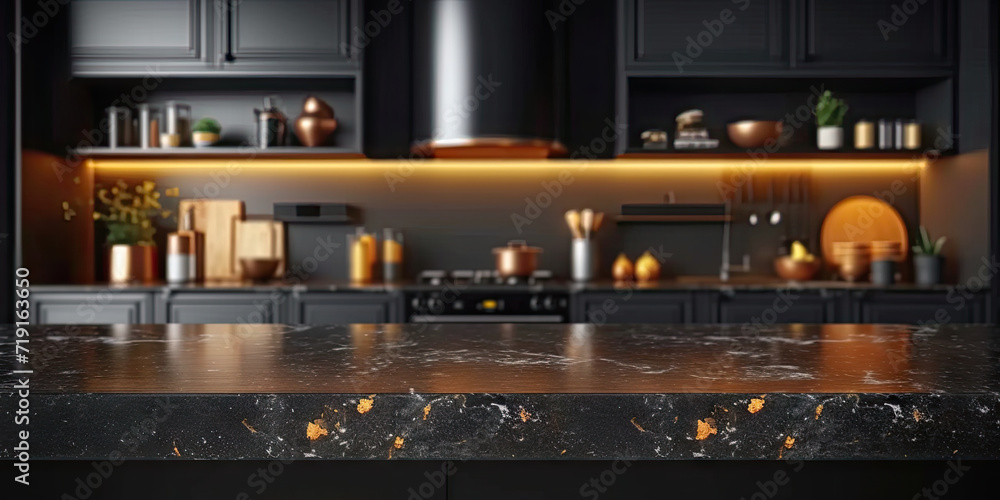  empty dark marble table on kitchen  on blurry bokeh kitchen room interior background. for montage product display. empty black table on kitchen