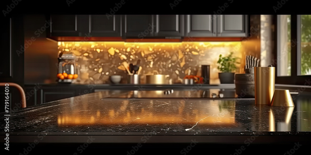  empty dark marble table on kitchen  on blurry bokeh kitchen room interior background. for montage product display. empty black table on kitchen