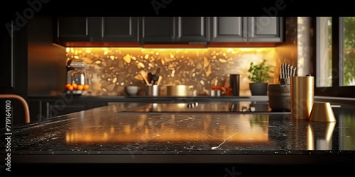  empty dark marble table on kitchen  on blurry bokeh kitchen room interior background. for montage product display. empty black table on kitchen © Planetz