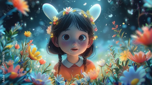 Cute girl among flowers. Illustration of a flowers field in colorful cartoon style.