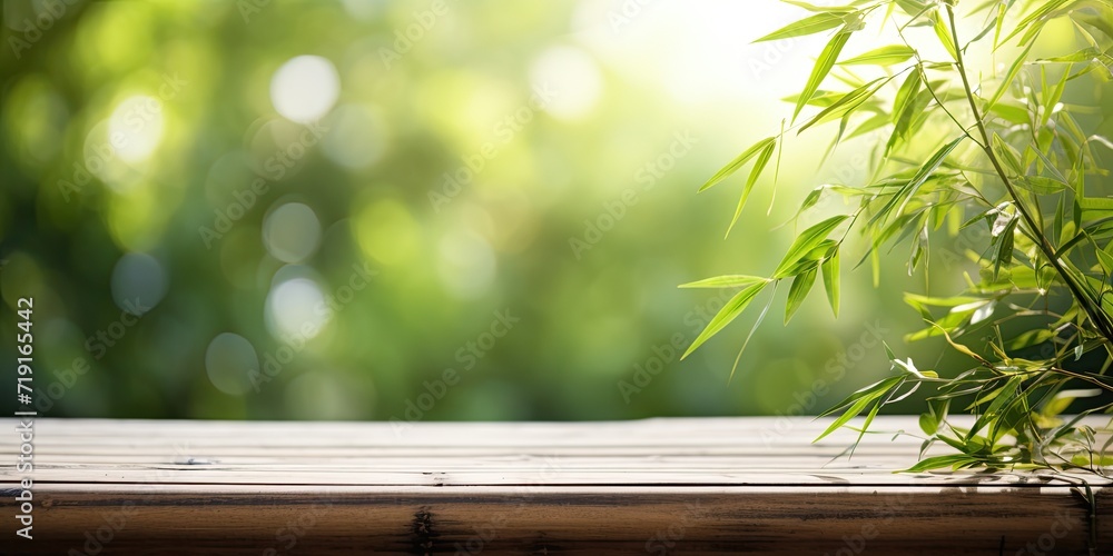 Bare bamboo surface with blurred green leaves in the background Bare bamboo surface with blurred green leaves in the background
