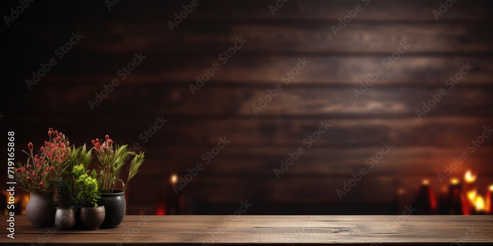 Dark wooden table with space for decoration and blurred fireplace backdrop. Dark wooden table with space for decoration and blurred fireplace backdrop.