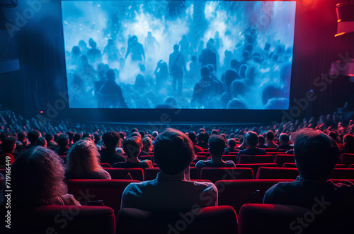 A group of people gathered together to enjoy a movie projected on a large screen. This image can be used to depict a movie night, cinema experience, or community event