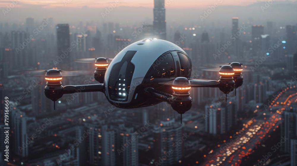 futuristic  roto passenger drone flying in the sky over city for future air transportation and robotaxi concept with copy space area - obrazy, fototapety, plakaty 