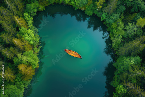 a canoe floating with trees above it in a clear lake