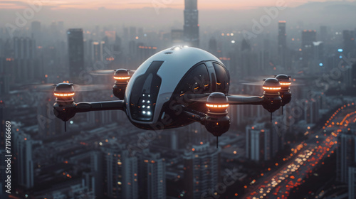 Fotografia futuristic  roto passenger drone flying in the sky over city for future air tran