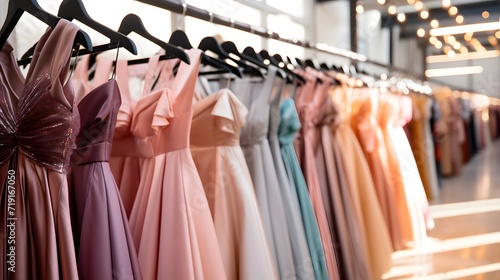 Elegant formal dresses for sale in luxury modern shop boutique. Prom gown, wedding, evening, bridesmaid dresses dress details. Dress rental for various occasions and events.