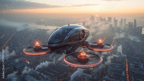 Tela futuristic  roto passenger drone flying in the sky over city for future air tran