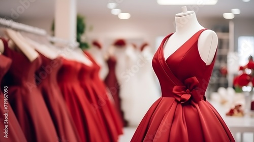 Elegant formal dresses for sale in luxury modern shop boutique. Prom gown, wedding, evening, bridesmaid dresses dress details. Dress rental for various occasions and events. photo