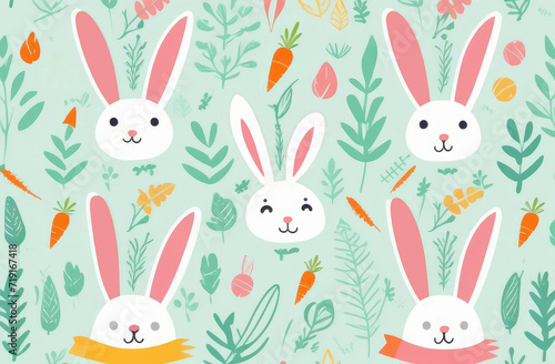 cute bunnies  orange carrots  green leaves  colorful pattern illustration.