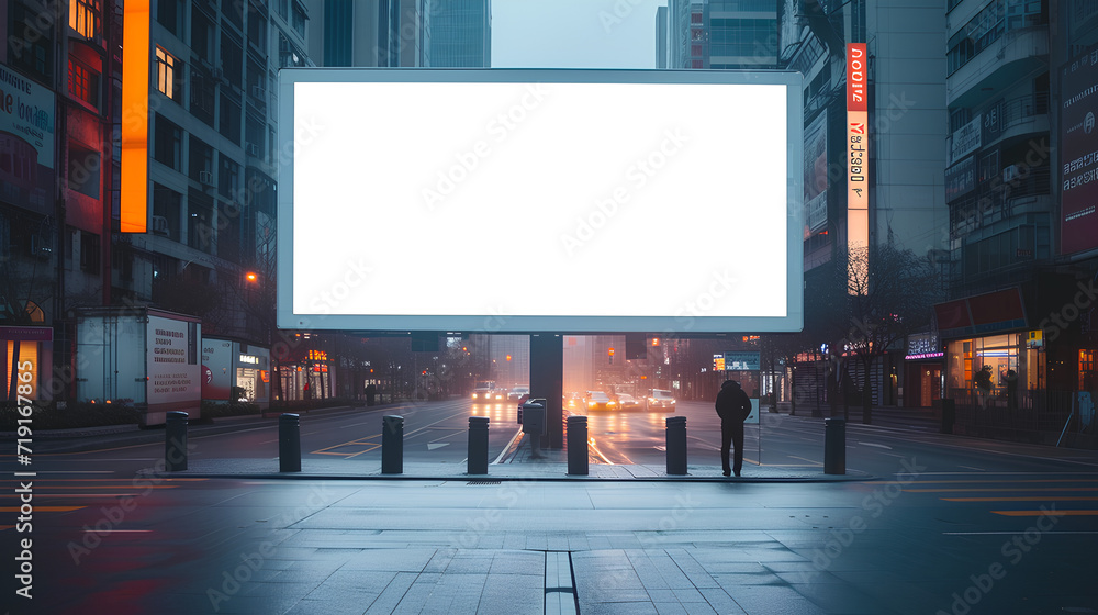Blank billboard on city street at dusk, urban advertising space. Marketing and promotion concept Blank billboard on city street at dusk, urban advertising space. Marketing and promotion concept