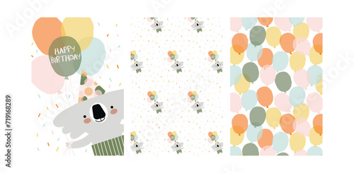 Birthday party cards set. Poster and patterns  collection. Animal party banners with balloons and koala. Bright summer graphic design. 