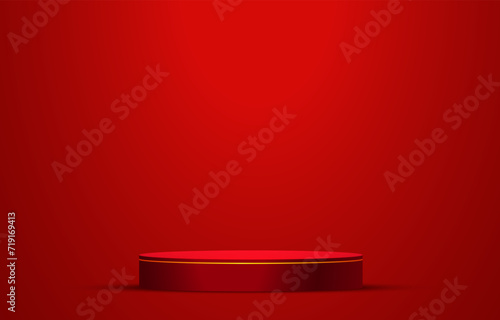 Red realistic 3D cylinder pedestal podium with glowing light semi circle backdrop. Red minimal wall scene for products showcase, Promotion display. Vector abstract studio room with geometric platform.