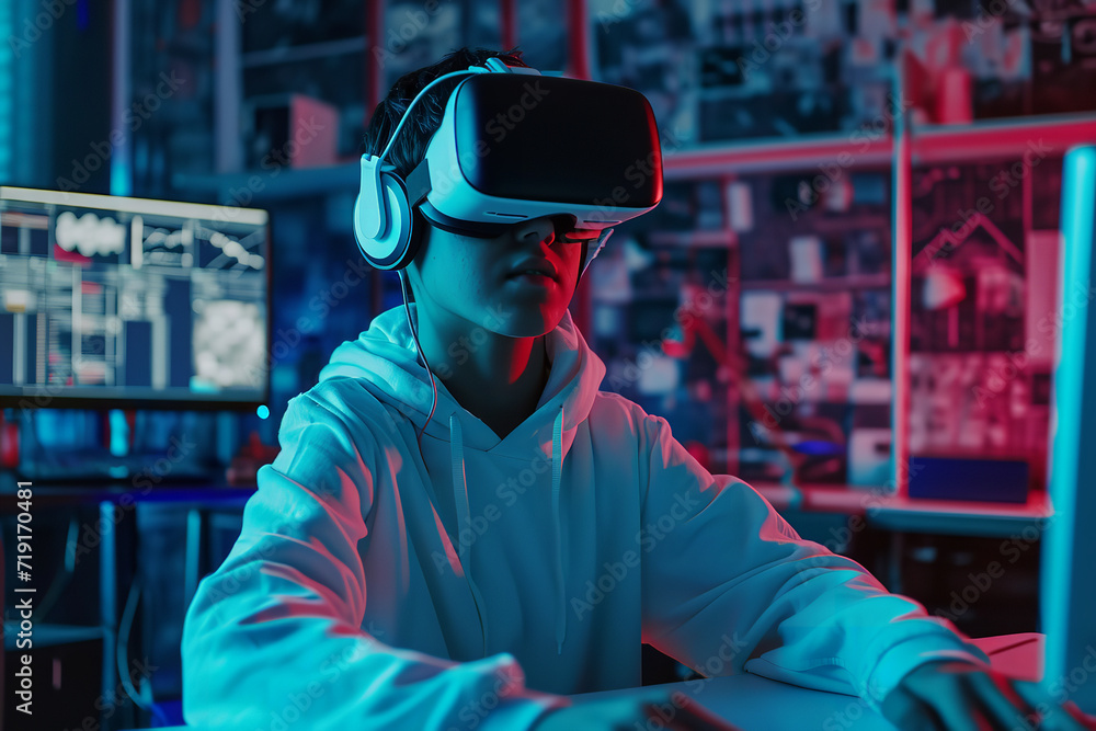 Boy with a blank pullover with VR headset Boy with a blank pullover with VR headset