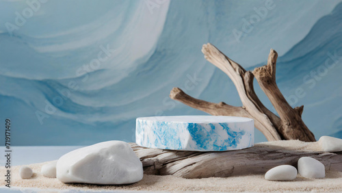 Product display podium for product display with white and light blue marble texture, with stones and driftwood in sand, Ideal for wellness, relaxation, and beauty themes.