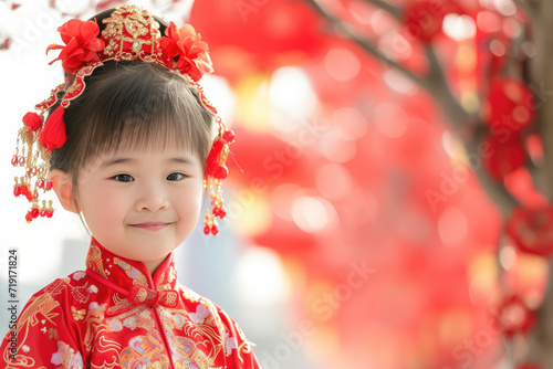 cute chinese kid in traditional dress for lunar new year event