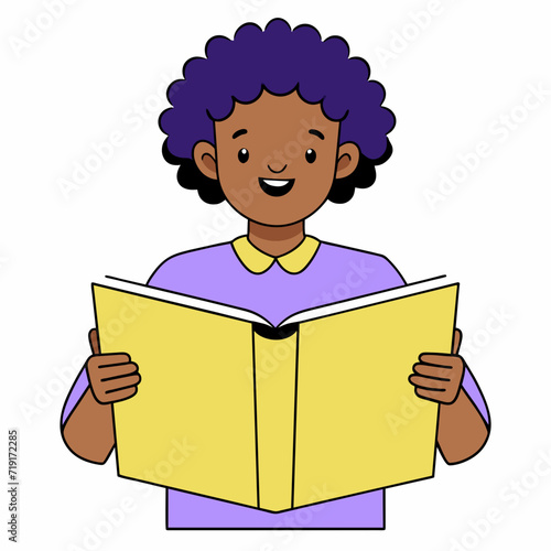 A dark-skinned boy with purple hair is a student holding a book and reading it. Vector illustration cartoon character.