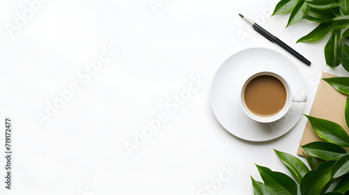 White Workspace Aesthetic Laptop Coffee and Lush Green Plants, Laptop pen and coffee On Desk Top View,AI generated