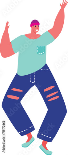 Happy dancer moves energetically, radiating joy. Cheerful dance motion, ecstatic expression captured in a lively stance. Vibrant party-goer celebrates, arms raised in festive cheer. Expressive dancing