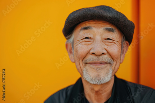 Happy Asian Elderly Man with a Wrinkled Face, Smiling, and Wearing a Turban, Standing Alone on a Busy Street Corner of India