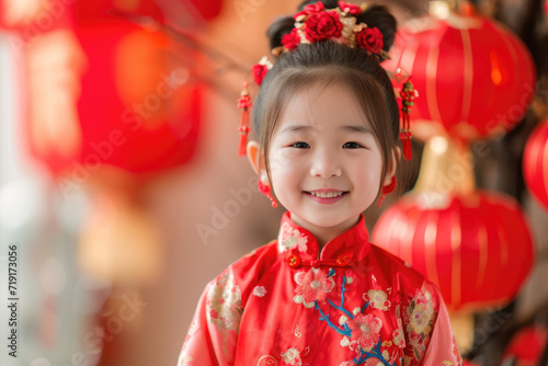 cute chinese kid in traditional dress for lunar new year event