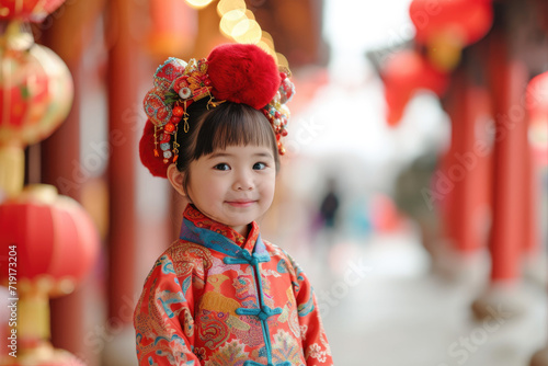 cute chinese kid in traditional dress for lunar new year event © Kien
