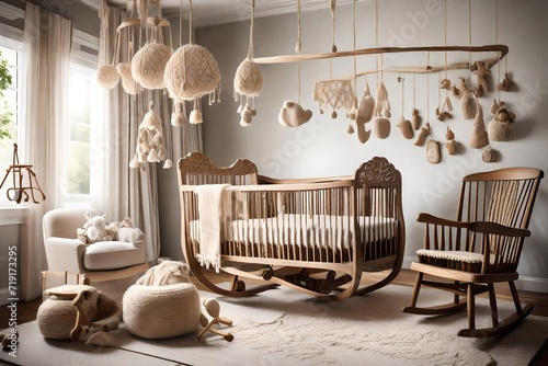 A rustic nursery with a wooden crib carved with intricate details, a hand-knit mobile hanging above, and a cozy rocking chair for tender moments, creating a whimsical. photo