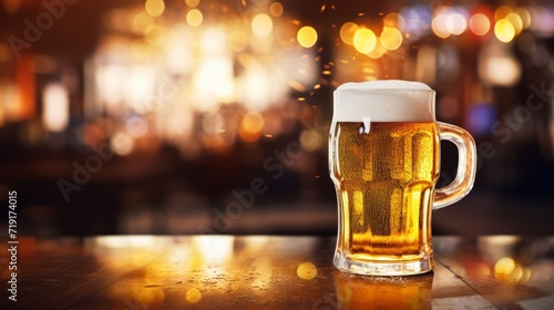 A glass of cold beer on a blurred background of a bar with a bokeh and a copy space.