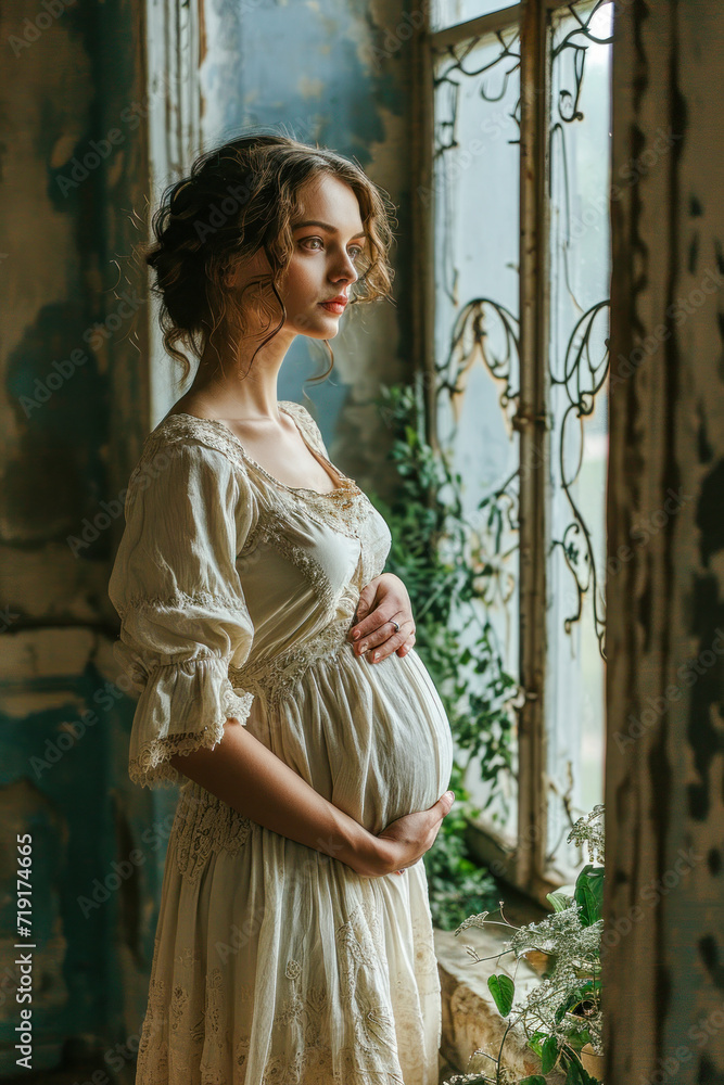 Naklejka premium Beautiful Pregnant Woman holds her Belly in Joyful Anticipation Wallpaper Digital Art Magazine Background Poster Card
