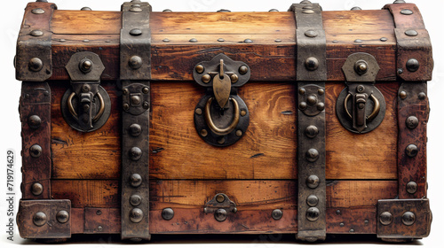 mediaeval opened unlocked and closed locked treasure antique vintage chest with gothic or middle ages pirate crate engravement, old wooden game asset set isolated photo