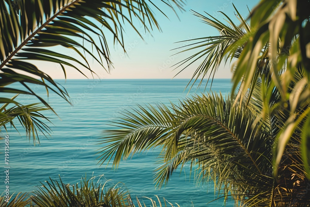 Fototapeta premium Tropical seascape with palm leaves framing the serene blue ocean under a clear sky.