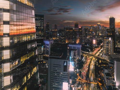 Panoramic view of jakarta City, Indonesia, with beautiful sunset. Jakarta is the largest city in indonesia that also the center of governance and business district. 