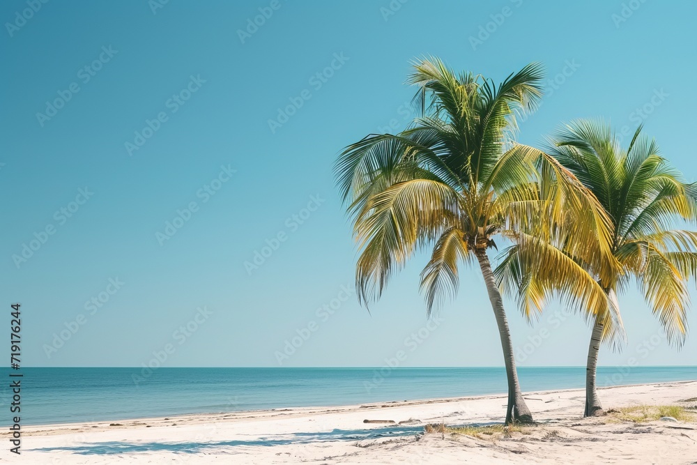 Tropical beach view framed by palm leaves with white sand and clear blue sky.