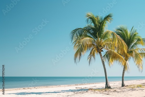 Tropical beach view framed by palm leaves with white sand and clear blue sky. © robertuzhbt89