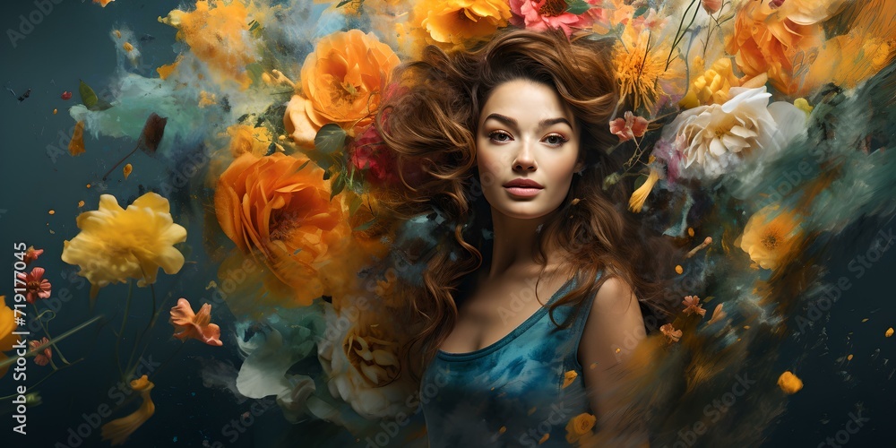 Fototapeta Elegant woman surrounded by a whirl of flowers, artistic beauty portrait. fantasy and nature intertwined in a creative image. AI
