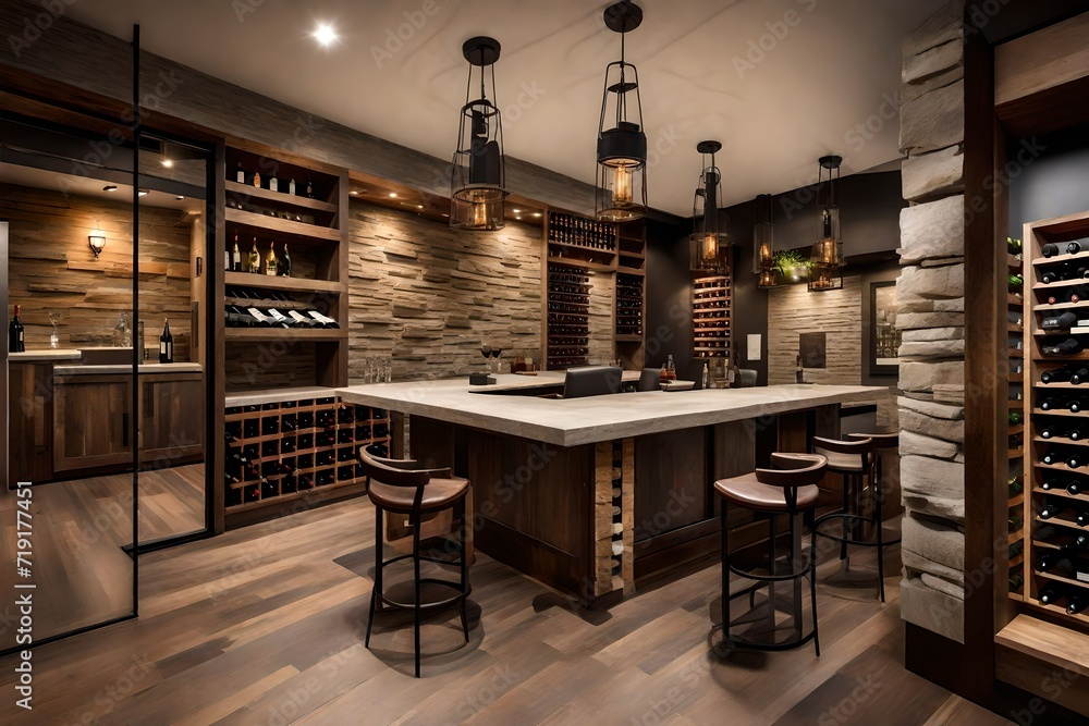 A rustic wine tasting room with a stone accent wall, a reclaimed wood ...