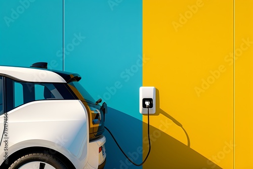 a white car plugged into an electric outlet, in the style of light sky-blue and dark yellow, precisionist lines, recycled, solarization, whirring contrivances.