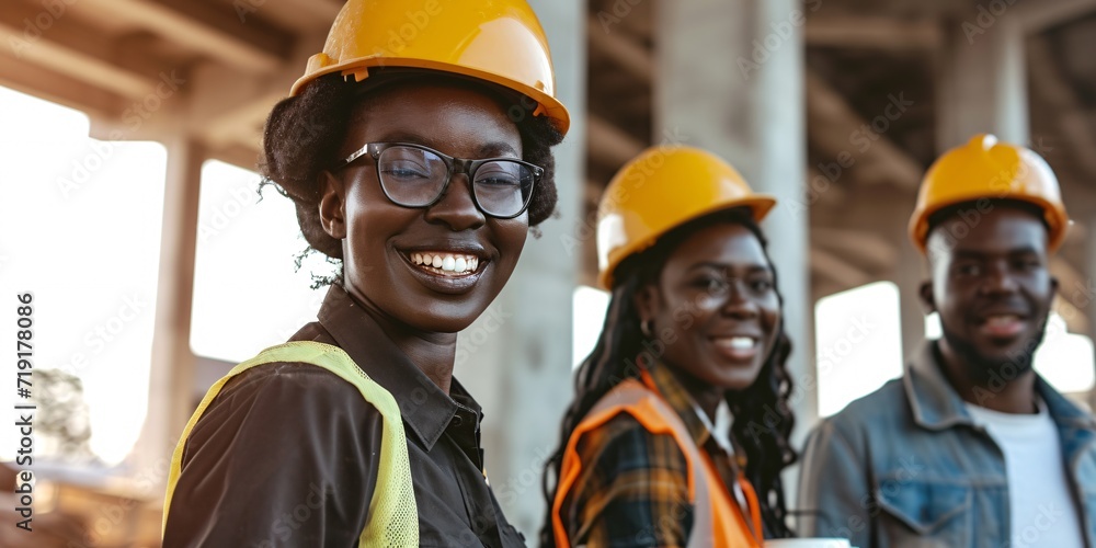 A group of African engineers smiling while collaborating on a construction project with coffee and tea, posing with a low angle shot. - obrazy, fototapety, plakaty 