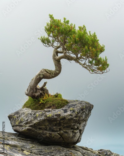 Summerl view of an old pine tree standing on the rock cliff against mountain in background photo