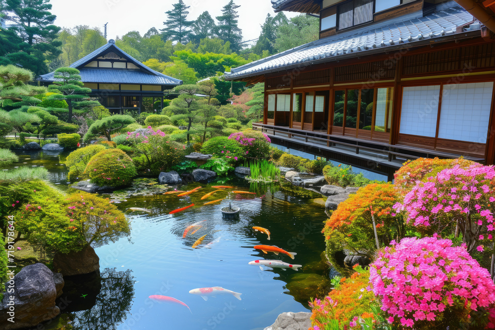 high view of a beautiful japan house with a large flower garden and koi fish pond