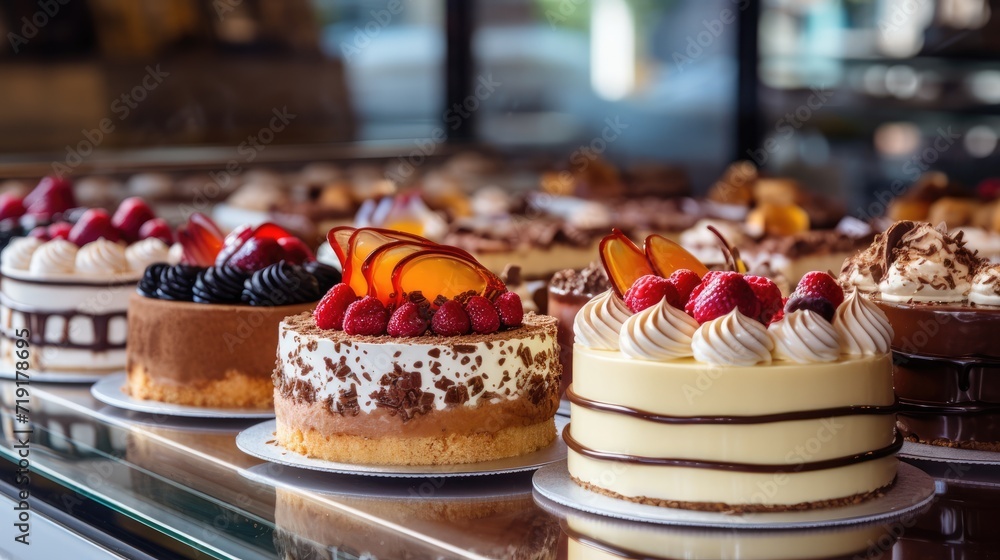 Delicious cakes with cream on display in a bakery close-up