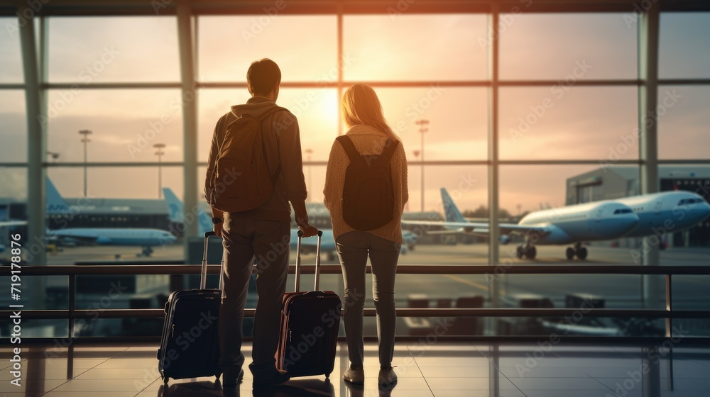 Tourist travel, Young couple standing at departure hall to travel by international flight airplane alone at sunset, modern lifestyle , AI generated photo, copy space for text Tourist travel, Young couple standing at departure hall to travel by international flight airplane alone at sunset, modern lifestyle , AI generated photo, copy space for text